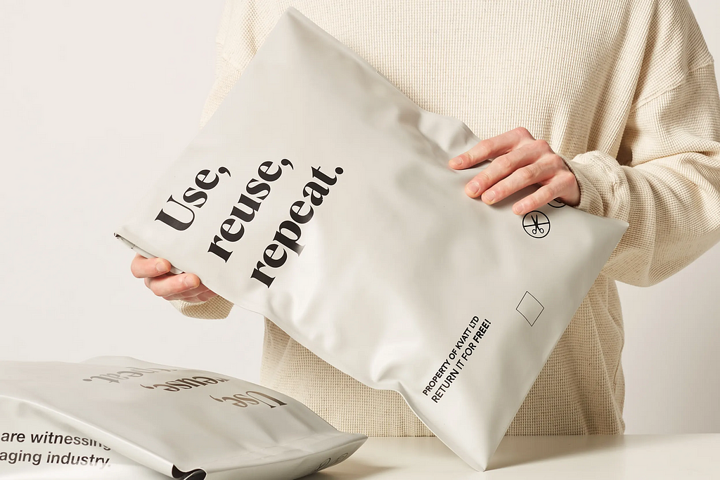 Packaging collaboration between Universal Works x Kvatt. A Kvatt sack emits less CO2eq than single-use cardboard after the second use, and after 10 uses it emits 42% less. CREDIT Universal Works x Kvatt