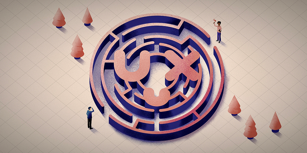 An illustration showing a maze in the shape of the Shopify UX logo — a winking face. A man stands at the entrance of the maze looking ahead to the end where a black woman is waving a flag. Trees flank the maze.