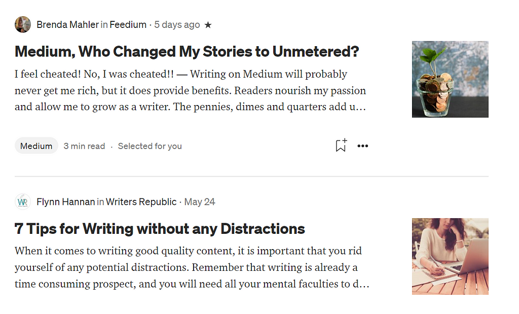 A screenshot of featured images as thumbnails on Medium.