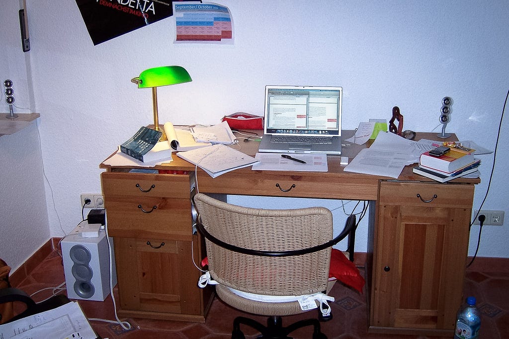 “Our Silver Precious” in its prime: my 2006 MacBook Pro on a chaotic desk that signals “bachelor thesis home stretch writing day.” Germany, October 2008.