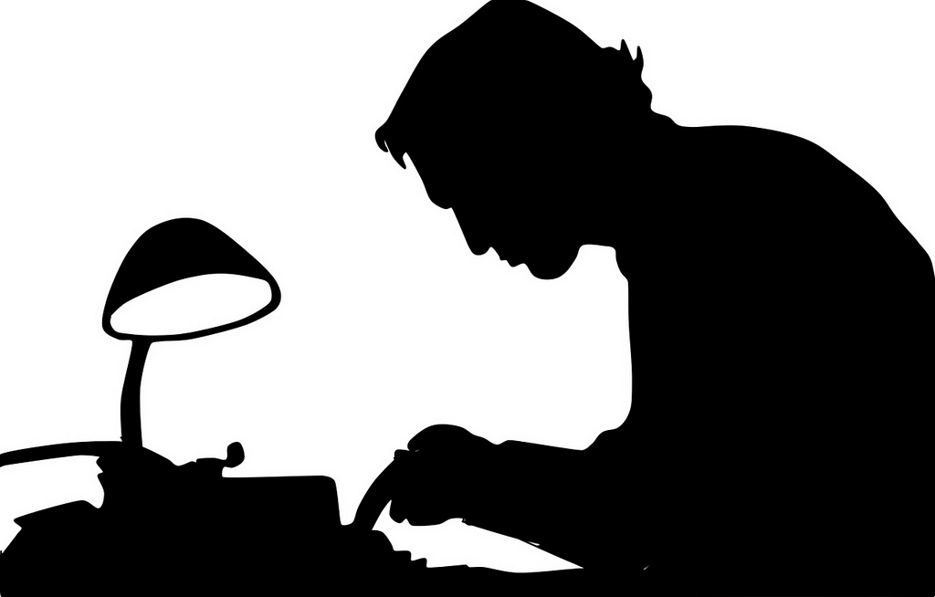black and white silhouette of man at typewriter
