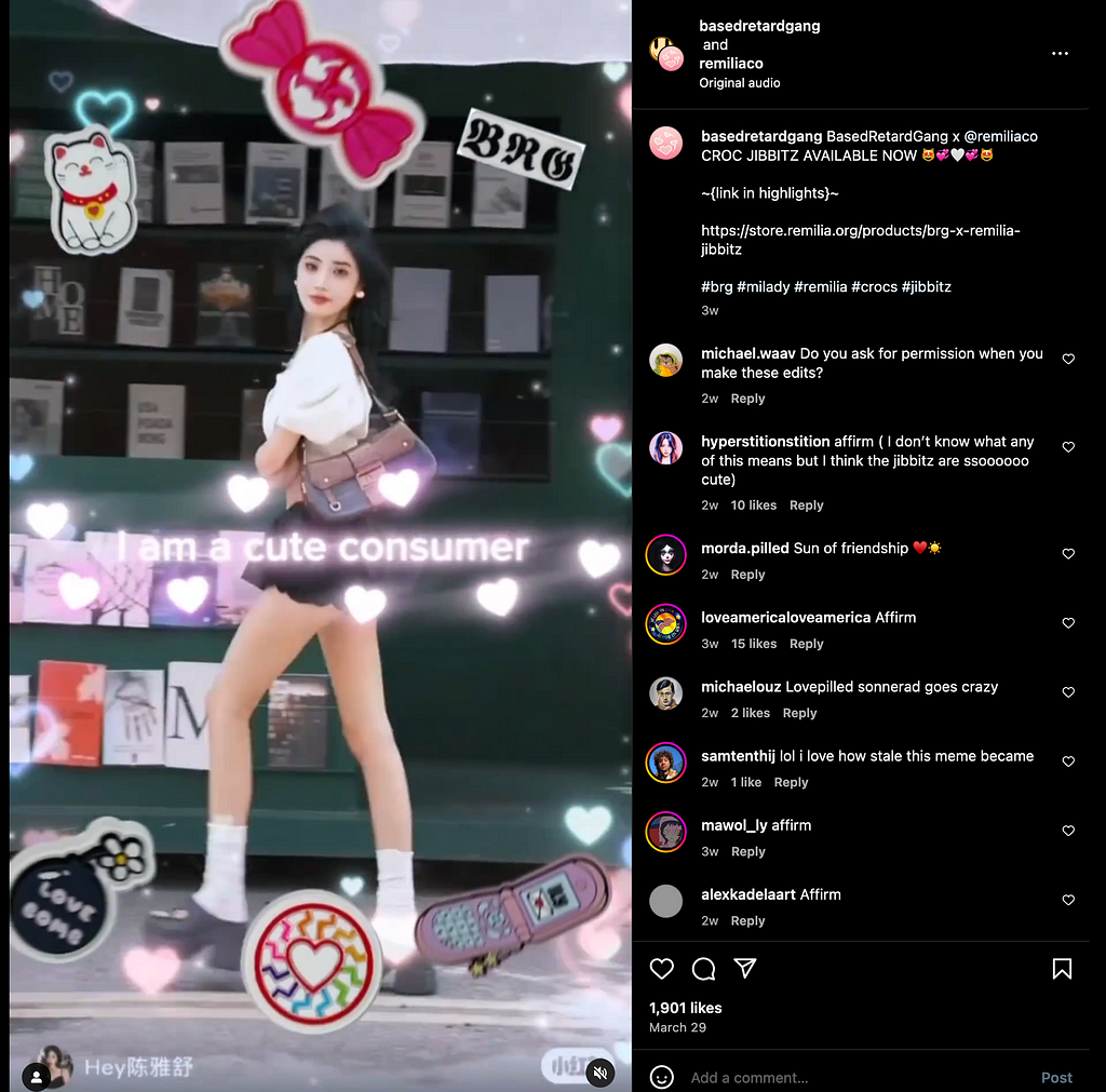 Instagram ad for Remilia merch featuring a rainbow version the Nazi “Black Sun” Sonnenrad icon. One comment say “lovepilled sonnerad [sic] goes crazy”.