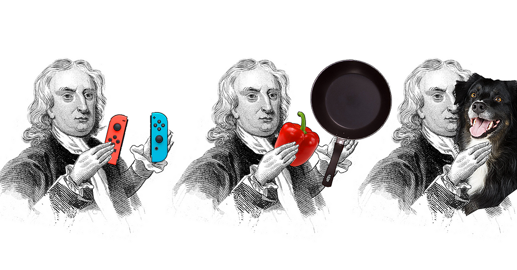 A drawn portrait of Newton with objects including a Nintendo switch, a bell pepper and frying pan, and a dog.