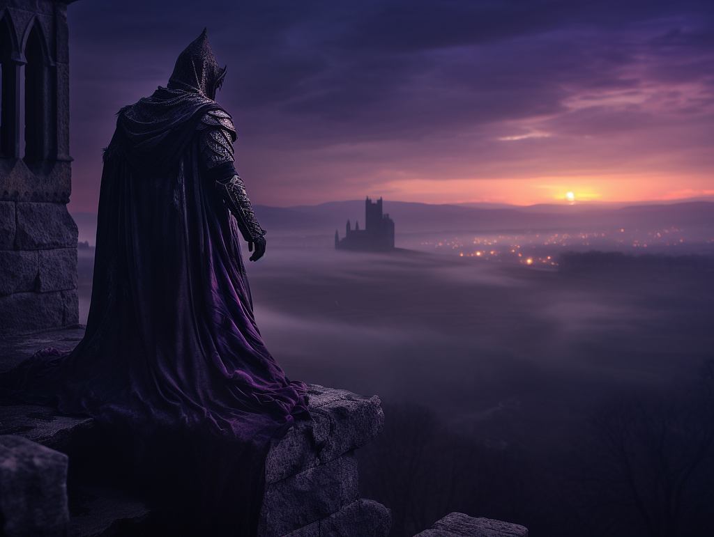 Melancholic visage of the Phantasmal Knight, a ghostly figure clad in tarnished armor, standing sentinel atop the castle battlements. Mystical hues of midnight purples and cold steel, with an aura of ephemeral glow. Nikon D6. — ar 4:3