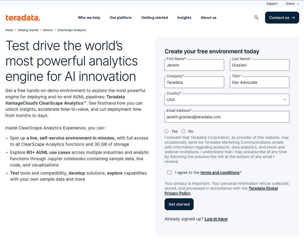 Teradata Landing page for ClearScape Analytics Experience website offering a demo environment on Teradata VantageCloud. It highlights the ability to spin up a live, self-service environment with full access to functions and storage for exploring AI/ML use cases. There’s also a section for creating a free account with fields for personal details and a consent checkbox for receiving marketing communications. Terms and conditions acceptance is required, and there’s a link to the privacy policy.