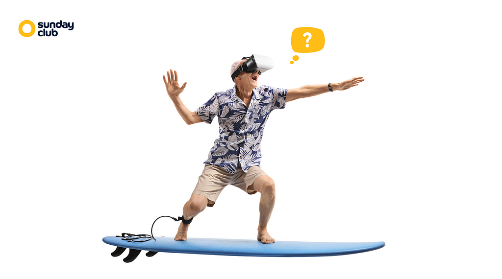 An elder man on a surf board, wearing VR goggles