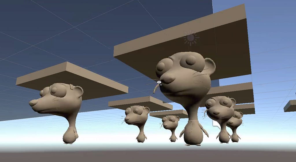 Screenshot of game characters positioned uniformly in the test environment in Unity