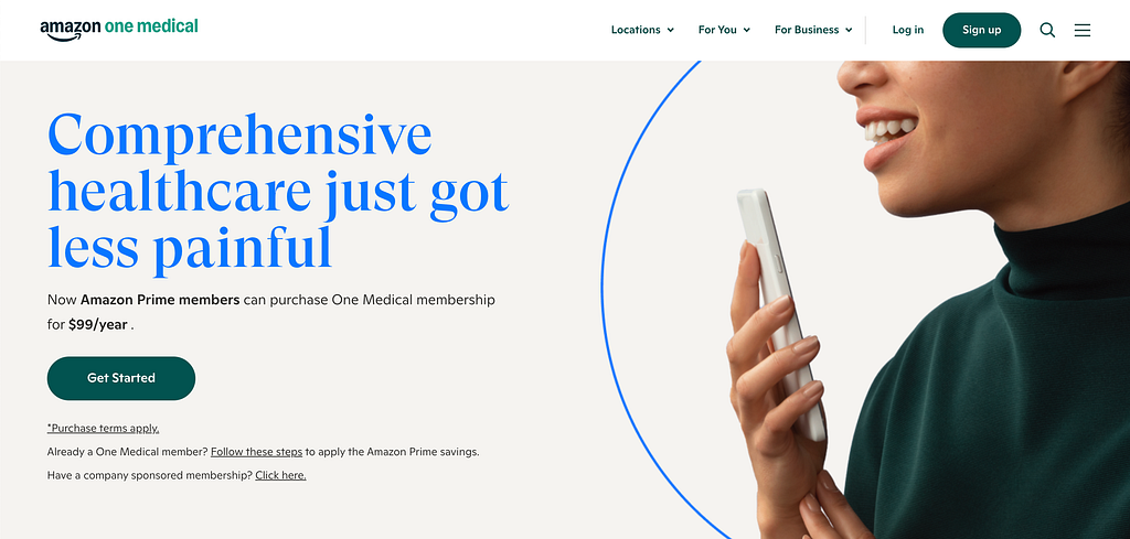 One Medical homepage hero section showing “Comprehensive healthcare just got less painful”