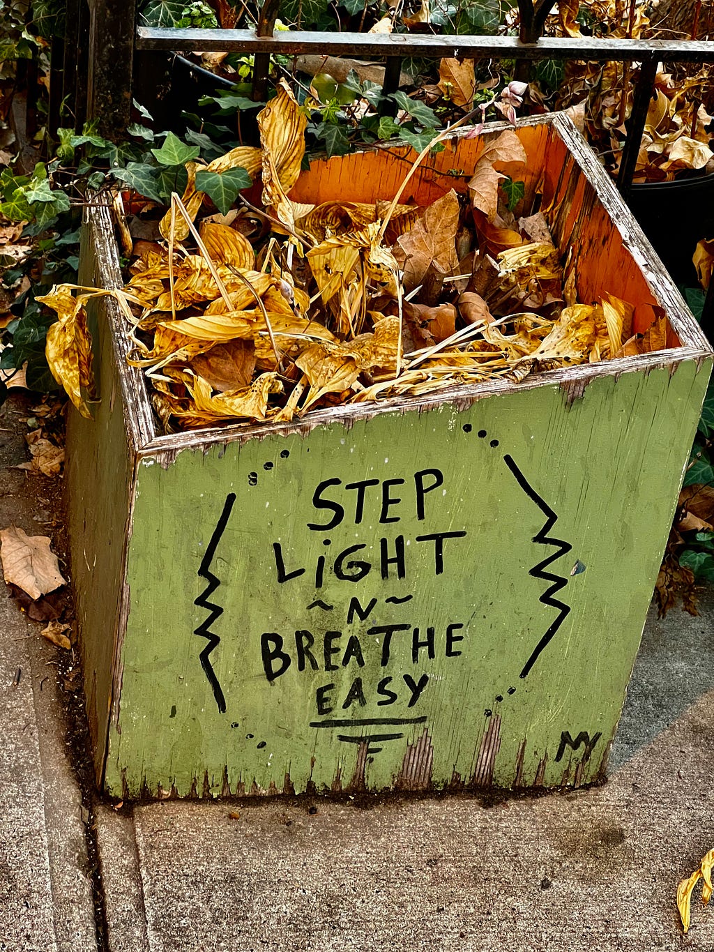 Older, light-green wooden box container with the words “Step Light~N~Breathe Easy” written on it. The container is sitting on the cement sidewalk and it has crumbled leaves in it. There is a metal gate behind the container.