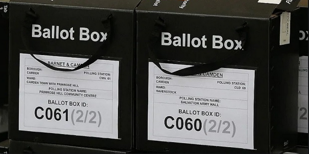 Ballot boxes in black with British voting authorities on them.