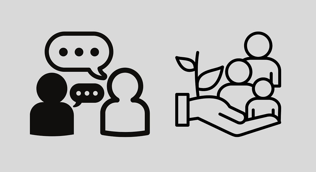 Graphic on the left of two people talking and a graphic on the right of a hand holding people and a sprouting plant symbolizing community.