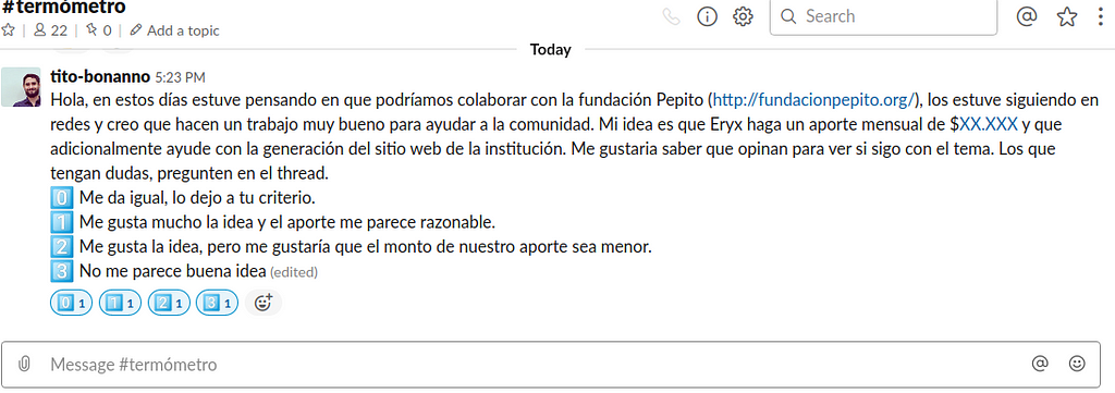 Un ejemplo ficticio de como seria un termoetro en nuestro canal de Slack