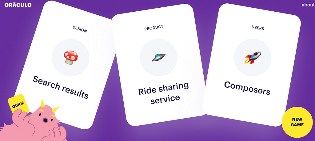 There are 3 cards. One reads: Design — Search Results. Second: Product — Ride sharing service. Third: Users — Composers