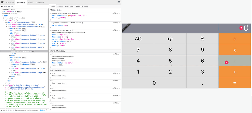 Screenshot of replay interface with React Calculator application, HTML element DOM tree, and applied CSS rules.