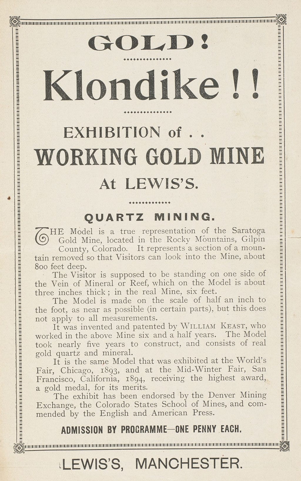 Page of text about William Keast’s model of a working gold mine, exhibited at Lewis’s in 1899. With a decorative border.