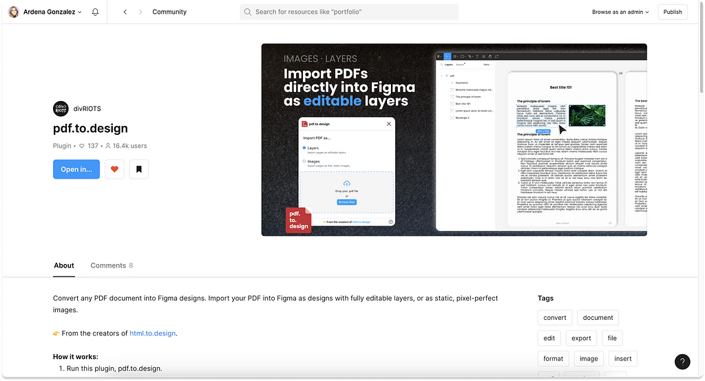 Screenshot of the pdf.to.design Figma Community page.