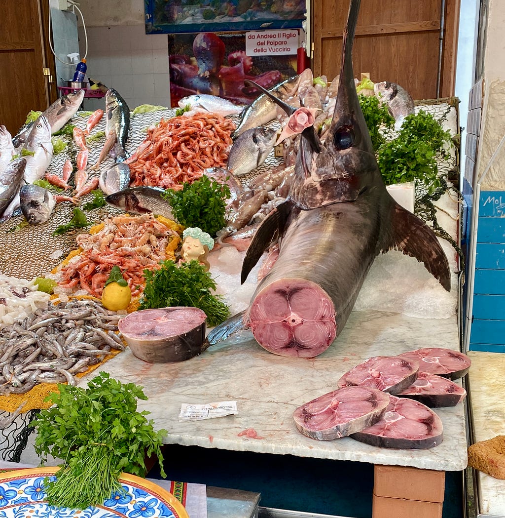 Sword Fish and Prawns at a fishmongers at a Vucciria market in Palermo