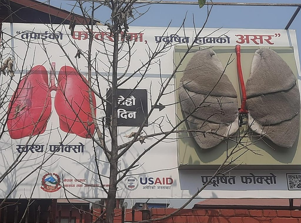 Large billboard showing the impact of pollution by displaying healthy pink lungs on the left and damaged gray lungs on the right.