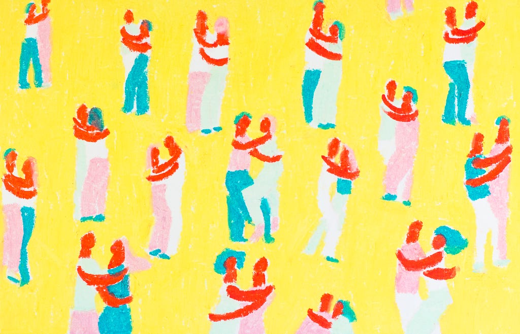 Ilustração traz diversos casais dançando abraçados. Eles tem cores, tamanhos e usam cores diferentes. Estão dispostos sob um fundo amarelo. A arte é de Bruna Kater.