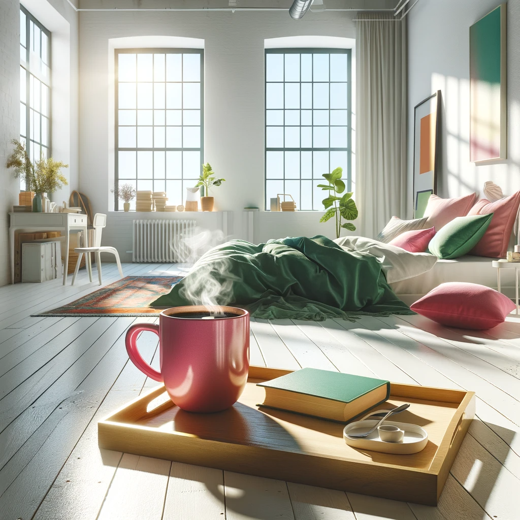 A serene morning scene featuring a large hot pink mug of steaming coffee on a wooden tray accompanied by a closed book and a simple white spoon, with the soft glow of sunlight bathing a modern bedroom in warmth.