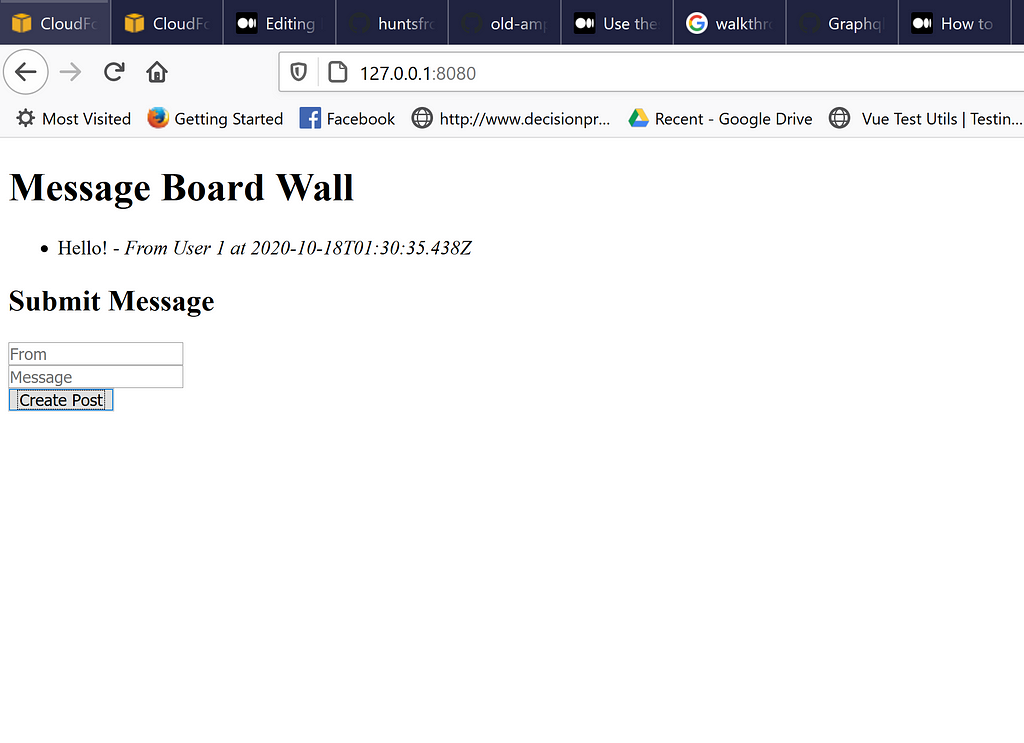 A webpage with a single message on it saying Hello from User 1. Two text fields and a ‘create post’ button.