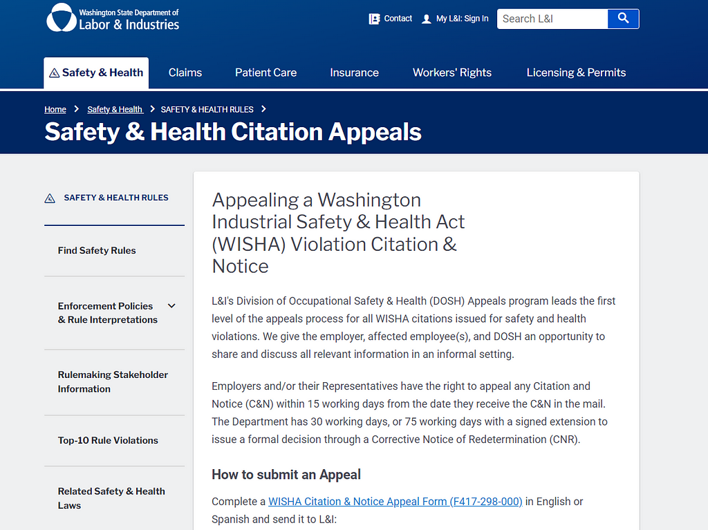The Department of Labor and Industries Safety & Health Citation Appeals website is shown. The website has light and dark blue bars at top. The title of the page is shown in black text and reads, “Appealing a Washington Industrial Safety & Health Act (WISHA) Violation Citation & Notice.” There are web links along the top and left of the page.