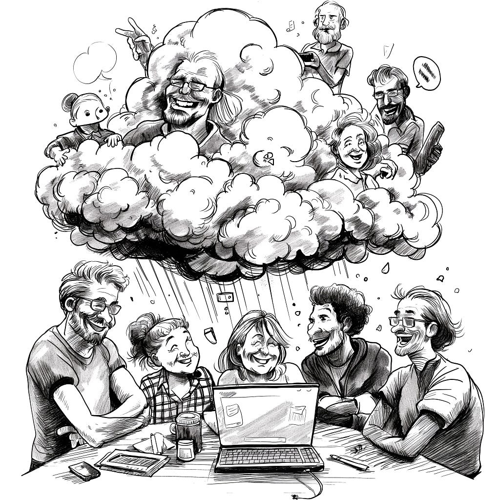 an illustration of happy creative team members working in the cloud infrastructure industry