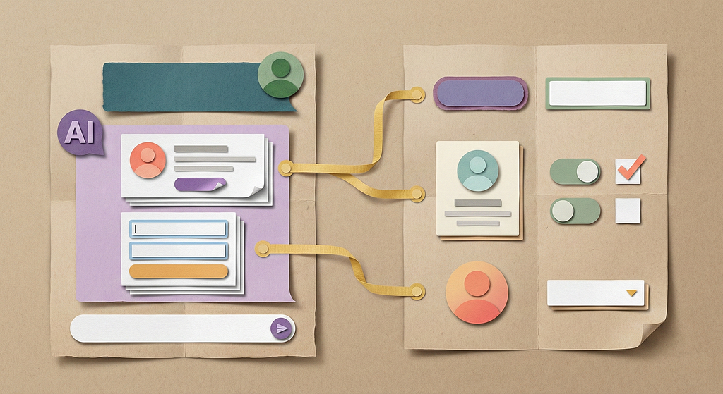 A paper cutout illustration showing an AI assistant chat interface on the left connected to a design system library on the right.