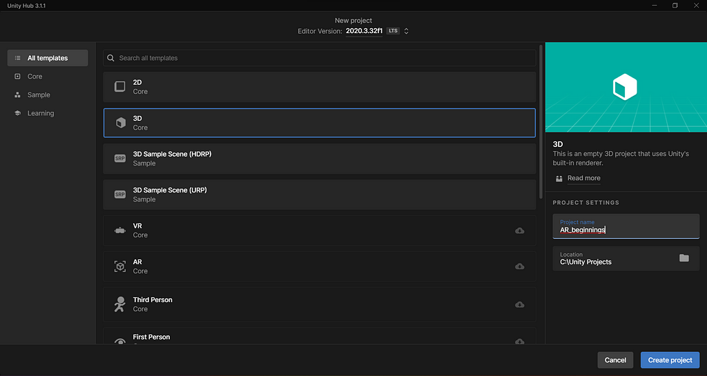 create a new project using the 3D (Core) preset in unity 2020.3.x LTS version