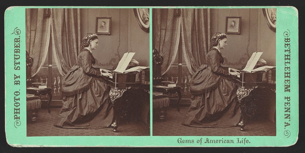A Victorian-era woman plays the piano while reading sheet music. Text: “Gems of American Life.”