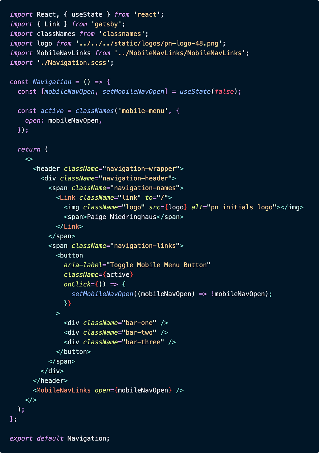Screenshot of the code for the condensed Navigation.js component where the hamburger icon to toggle the mobile nav menu lives.