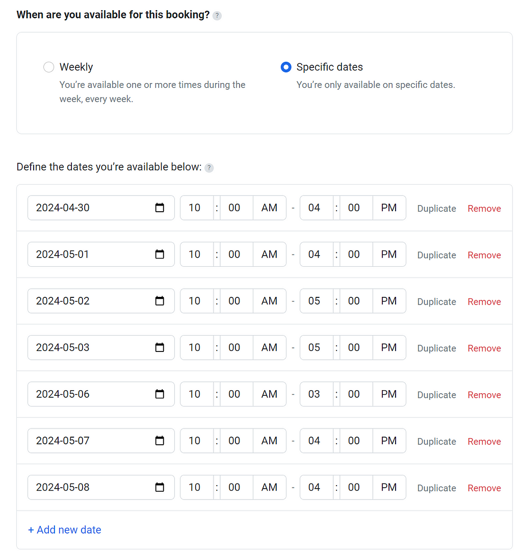 Screenshot of the availability setting in “Update booking type” page. Here, specific dates and times can be provided for a schedule that varies week-to-week.