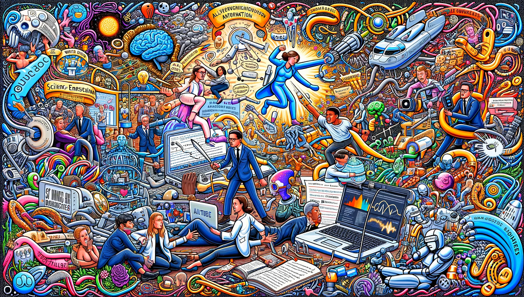 A comprehensive and imaginative doodle capturing the essence of the entire conversation, blending themes of technology, AI, and human interaction. The scene combines elements of AI wrestling with a human, a female academic breaking a laptop, a person fighting and another wrangling with a laptop, alongside representations of AI writing assistance, science communication, algorithmic bias, and the AI Bill of Rights.