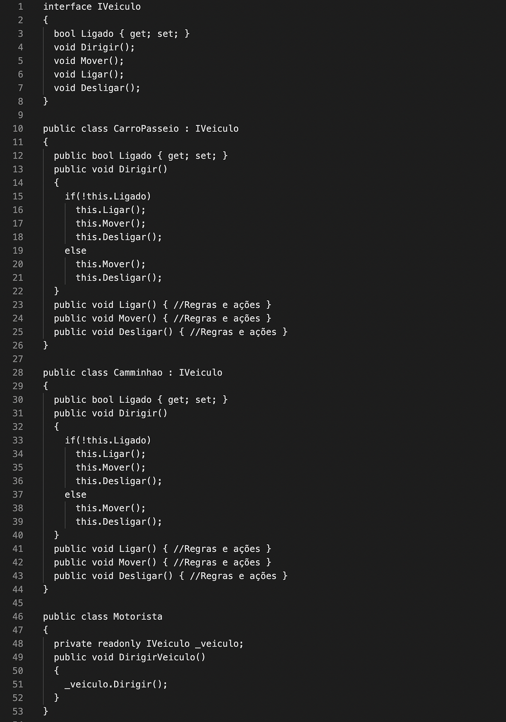Trecho de código que demonstra 3classes que dependem da interface e não uma da outra diretamente, fazendo com que o código da classe principal não precise ser alterado por qualquer motivo.