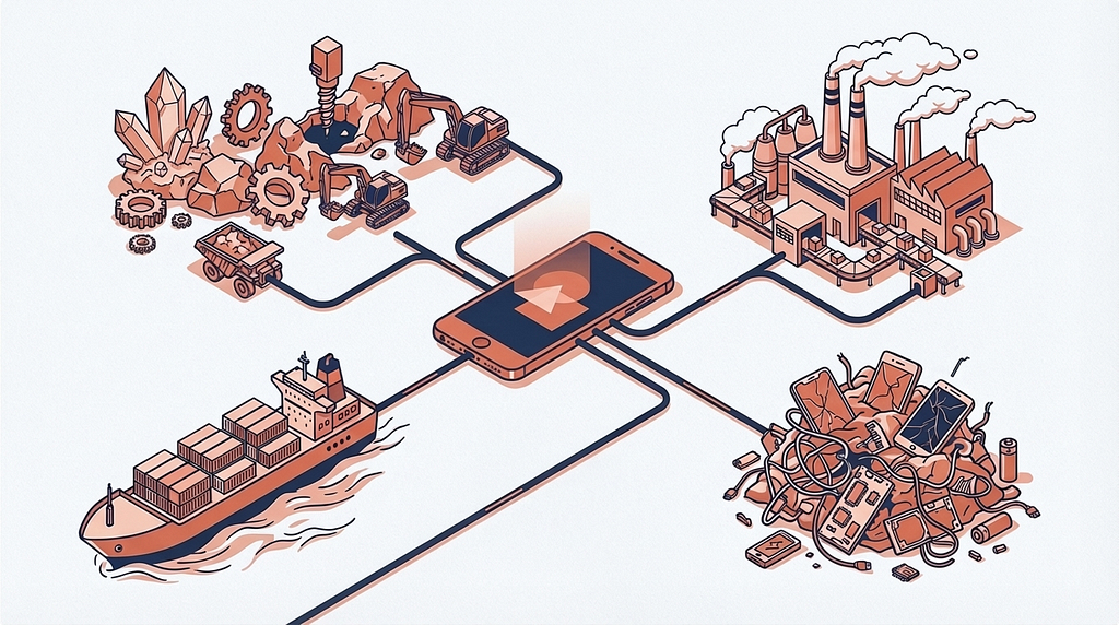Illustration of a smartphone at the centre with lines connecting it to four stages of its lifecycle: mineral mining with excavators, crystals and a dump truck; a factory with smokestacks and assembly lines; a cargo ship carrying containers; and a pile of e-waste with broken devices, tangled cables and discarded batteries.