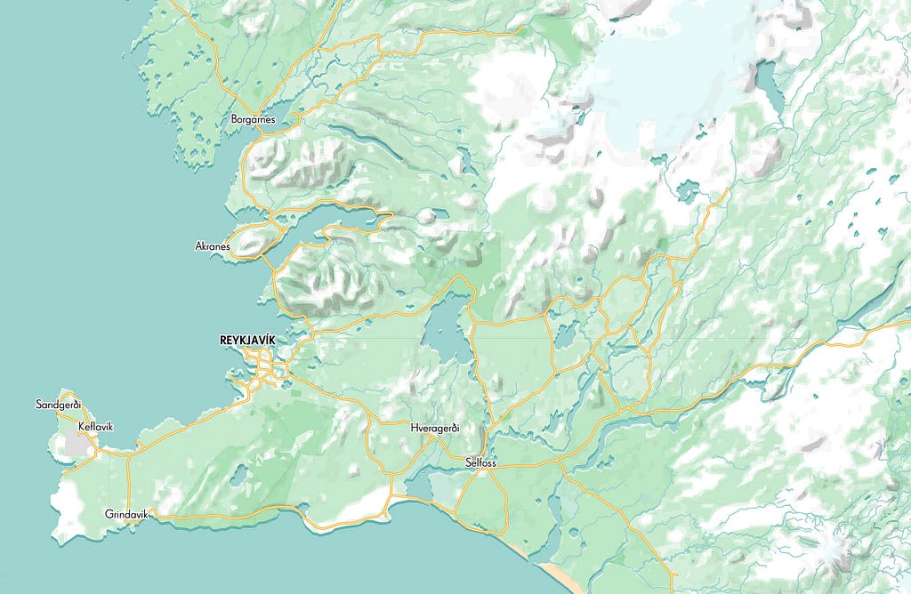 WIP version of Map of Iceland designed by Nimit Shah, with roads mapped in yellow and orange