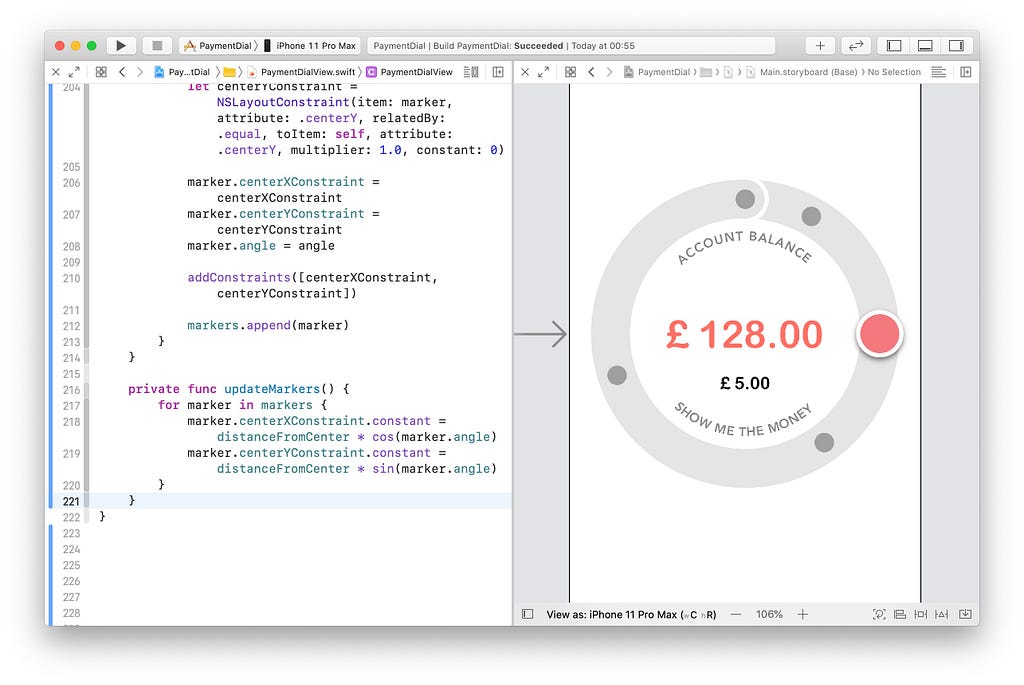 Xcode window showing the markers with live render