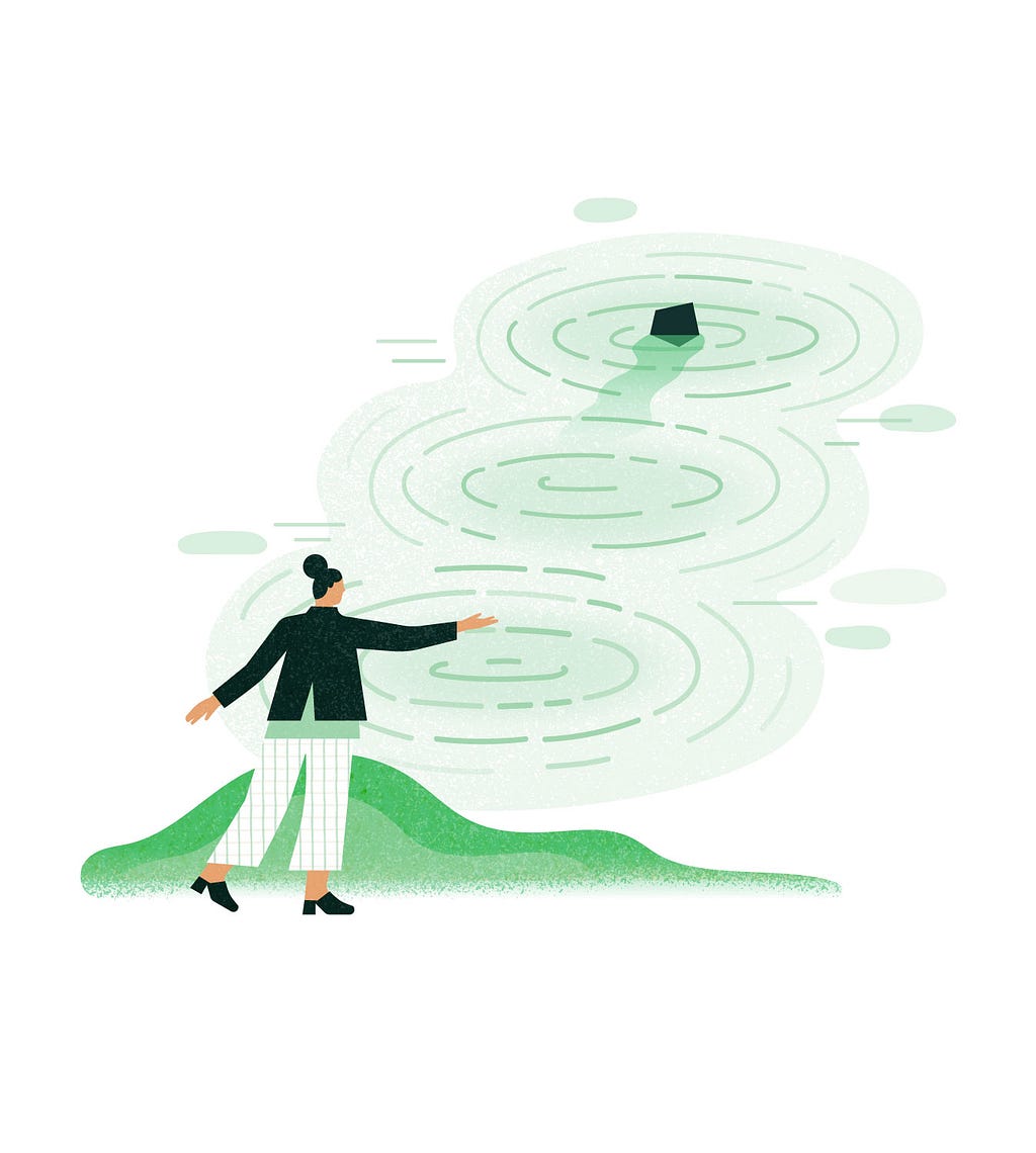 Krystal’s illustration for Founders Pledge. The illustration shows a person skipping rocks to form ripples in the water.