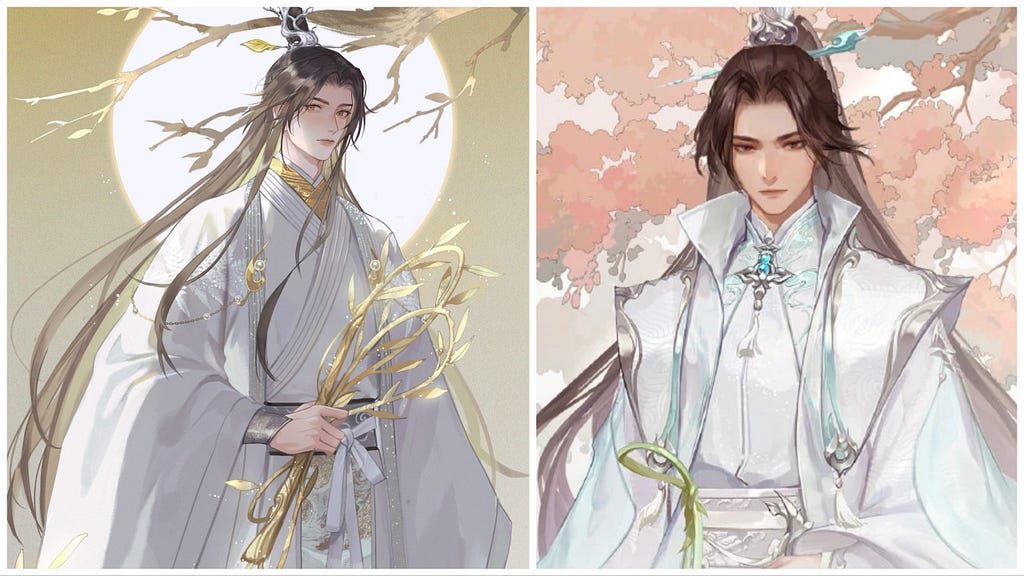 Two images of Chu Wanning dressed in his white robes holding Tiawen.