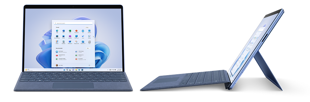 There are two Pro Surface 9 tablets adjacent to each other. Both are paired with a Sapphire Pro Signature Keyboard. On the left, the screen is facing the reader. One the right, the screen is facing the other tablet.