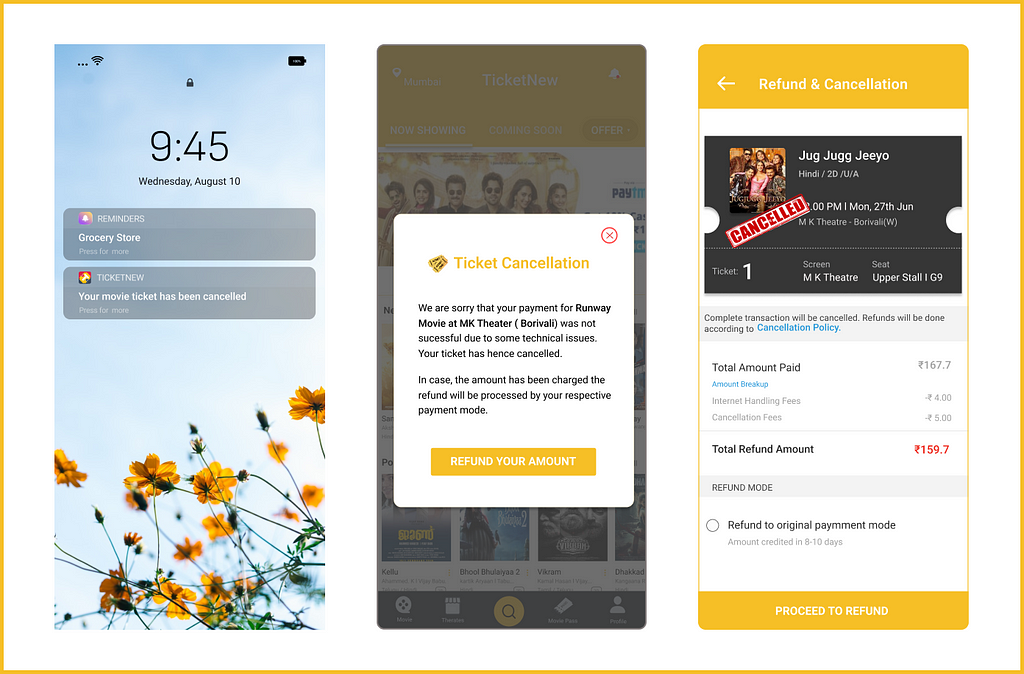 1. The first image is of the mobile notification screen, where the user can receive notifications of canceled movie tickets. 2. The Second image is of the pop-up notification overlay. 3. The third image is of a refund and cancellation screen.