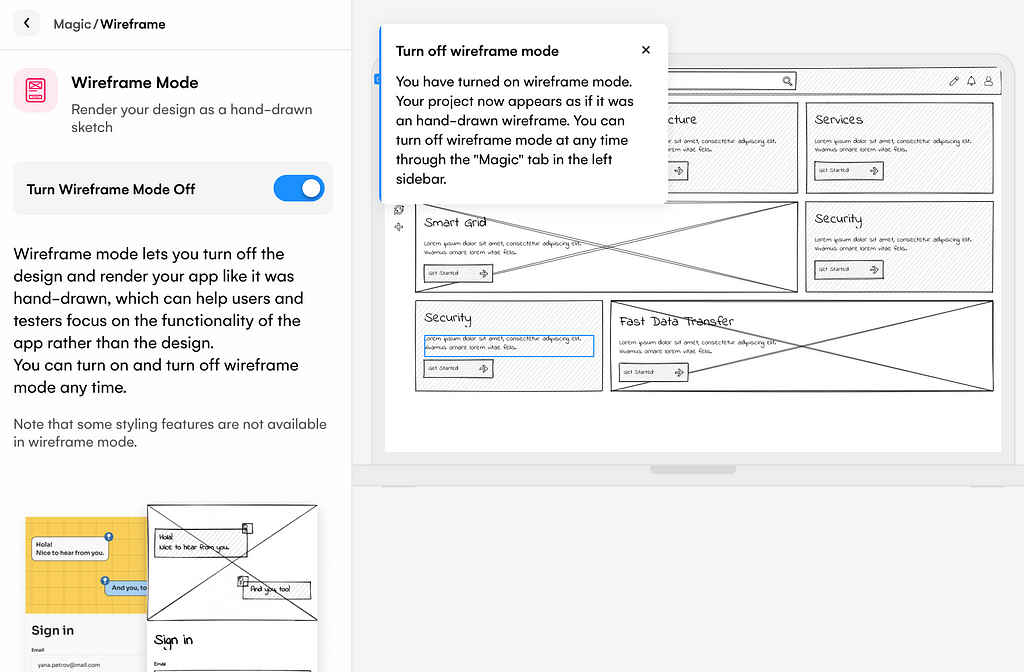 Uizard’s UI, showing the “Wireframe mode”. The feature toggle is turned on, and the design is transformed into a wireframe.