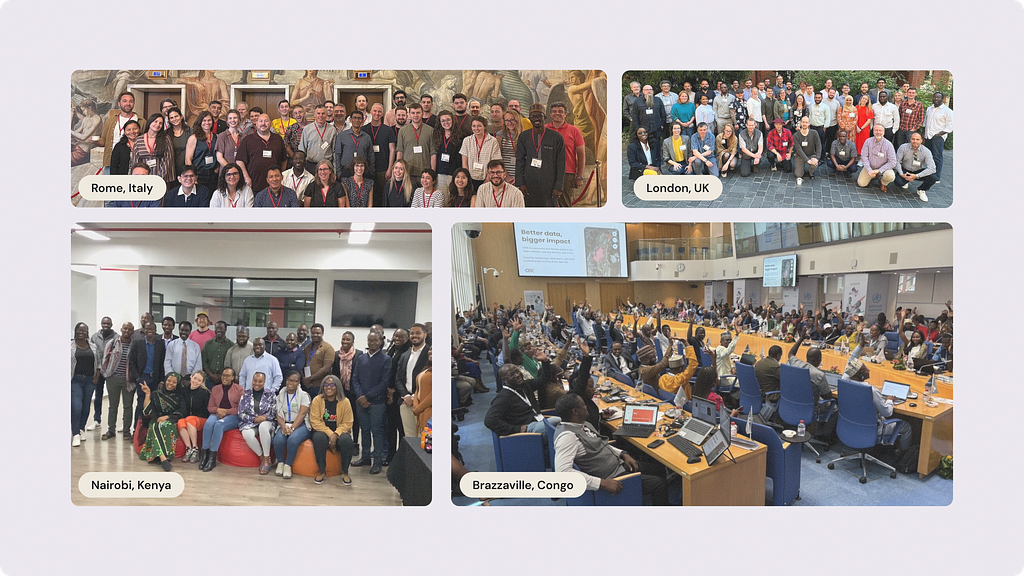 4 photos taken in different places (Italy, UK, Kenya, and Congo) with people from the ODK community smiling and looking at the camera
