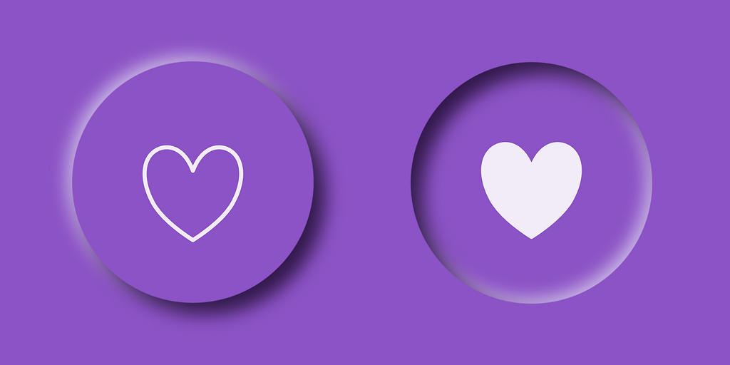 Digital illustration of two circular buttons following the Neumorphism / Soft UI trend, in a purple color scheme.