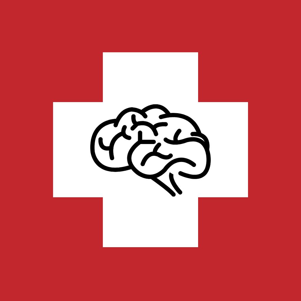 A brain is juxtaposed inside a white plus on a red background.