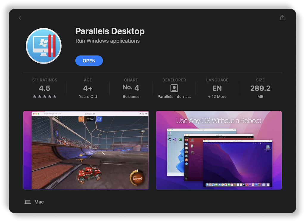 Screenshot from App Store. Parallels Desktop App
