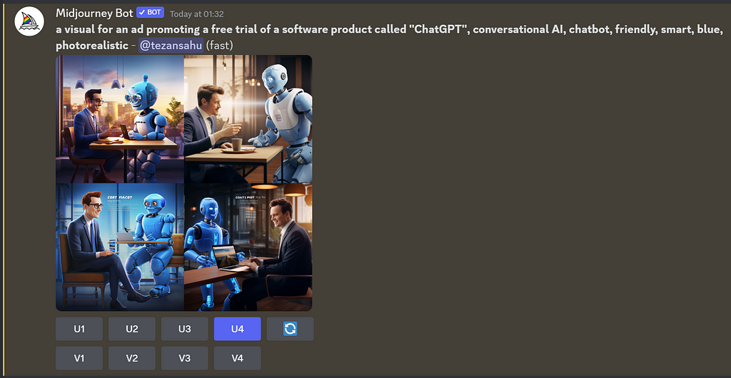 Midjourney’s response to the prompt “a visual for an ad promoting a free trial of a software product called “ChatGPT”, conversational AI, chatbot, friendly, smart, blue, photorealistic”
