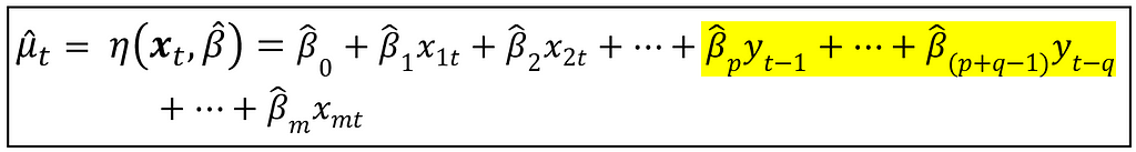 The modeled mean expressed as a linear combination of regression variables including lagged copies of the dependent variable y_t.