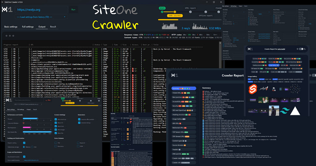 SiteOne Crawler — screenshots from desktop application, command-line tool and HTML report