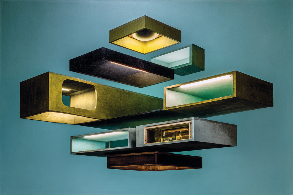 Abstract architectural forms in teal, gold, and black showing stacked geometric shapes representing organizational hierarchy transformation and power redistribution between different roles